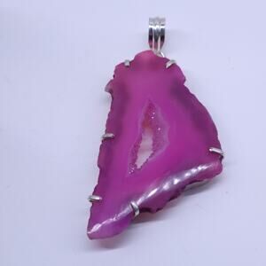 Bold Fuchsia Agate Geode Pendant in Sterling Silver - 20 Inch Chain